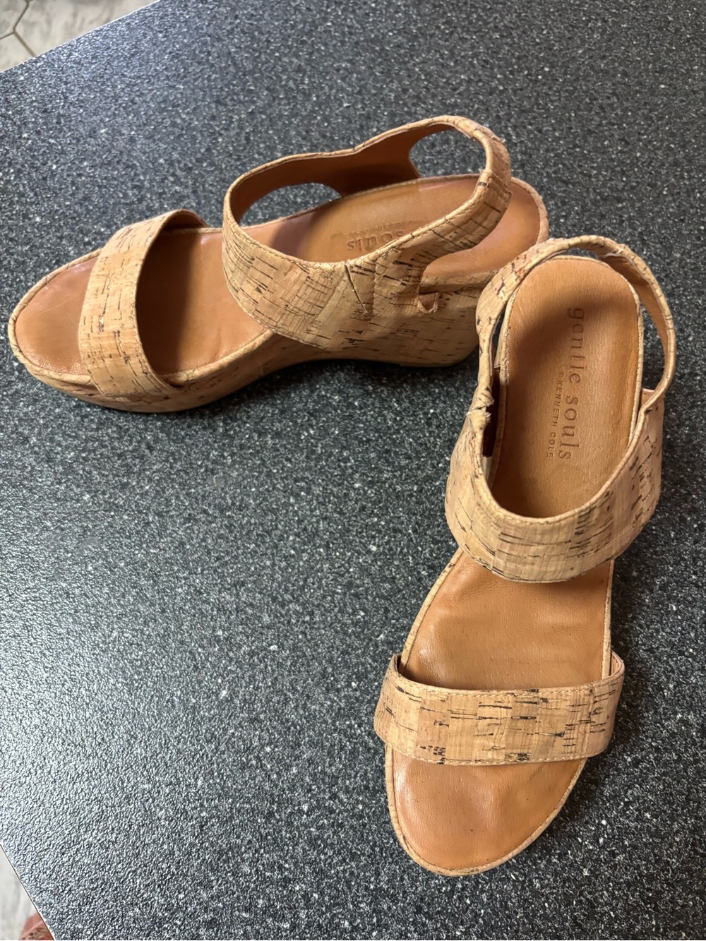 gentle souls Cork-Textured Strap Wedge Sandals in Tan gentle souls kenneth Cole